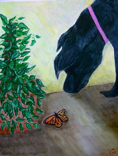 Discovery: Aspen, black Lab mix, learns that Creativity is fining the special in the every day. 
Acrylic 11x14 Acrylic Boarrd